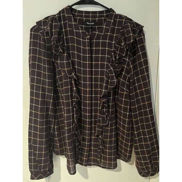 Madewell Women's Plaid Fall Ruffle-Front Top Size Medium Button Up‎ - Picture 1 of 6